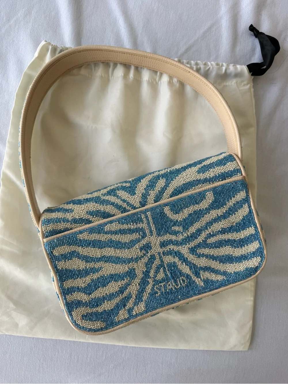 STAUD Blue and Cream Zebra Beaded Shoulder Bag - Picture 4 of 6
